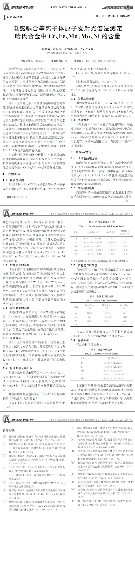 电感耦合等离子体原子发射光谱法测定哈氏合金中Cr、Fe、Mn、Mo、Ni的含量