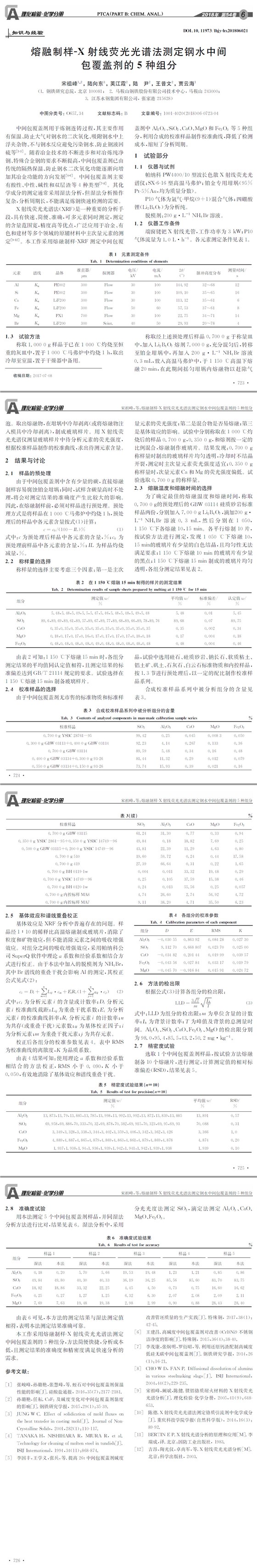 熔融制样-X射线荧光光谱法测定钢水中间包覆盖剂的5种组分