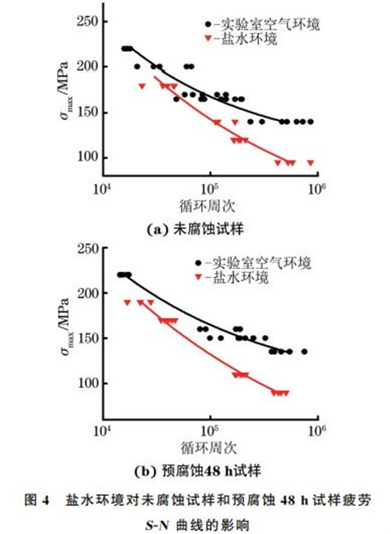 盐水环境对未腐蚀试样和预腐蚀４８h试样疲劳