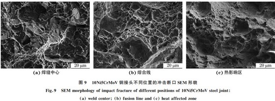 图９ １０Ni５CrMoV钢接头不同位置的冲击断口SEM 形貌