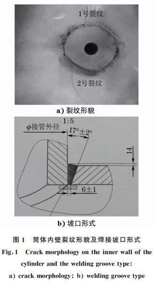 图１ 筒体内壁裂纹形貌及焊接坡口形式